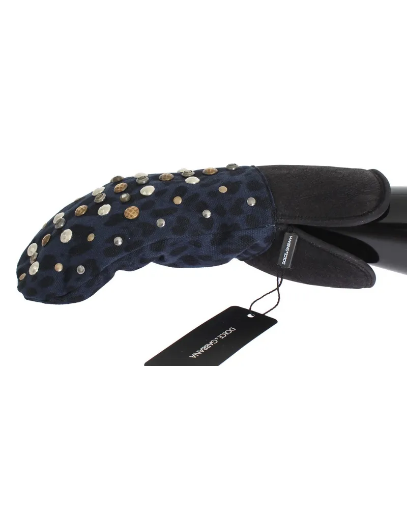 Dolce & Gabbana Men's Gray Wool Shearling Studded Blue Leopard Gloves Merino Gray