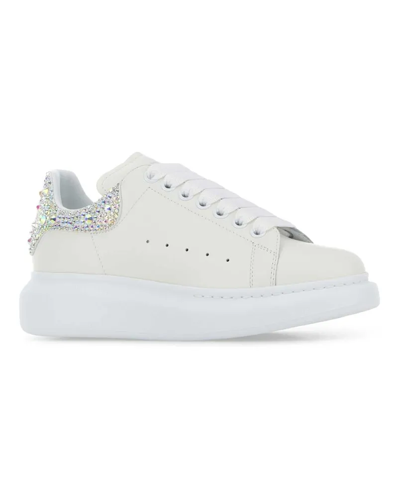 Alexander McQueen Women's White Leather Sneakers With Embellished Suede Heel Whitewhitecrystal White