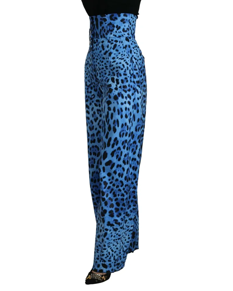 Dolce & Gabbana Women Blue Leopard Print High Waist Pants Cotton Elastane Blue