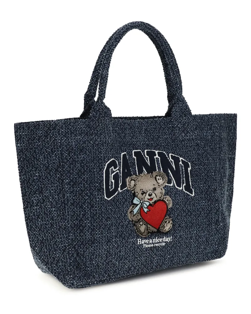 Ganni Bear-Embroidered Denim Tote Bag — Blue Blue