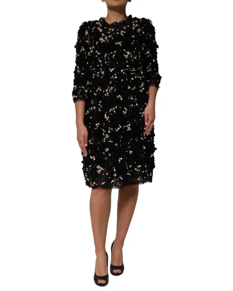 Dolce & Gabbana Women's Black Viscose Pearl Embellishment Shift Dress Glass Nylon Me Silk Black
