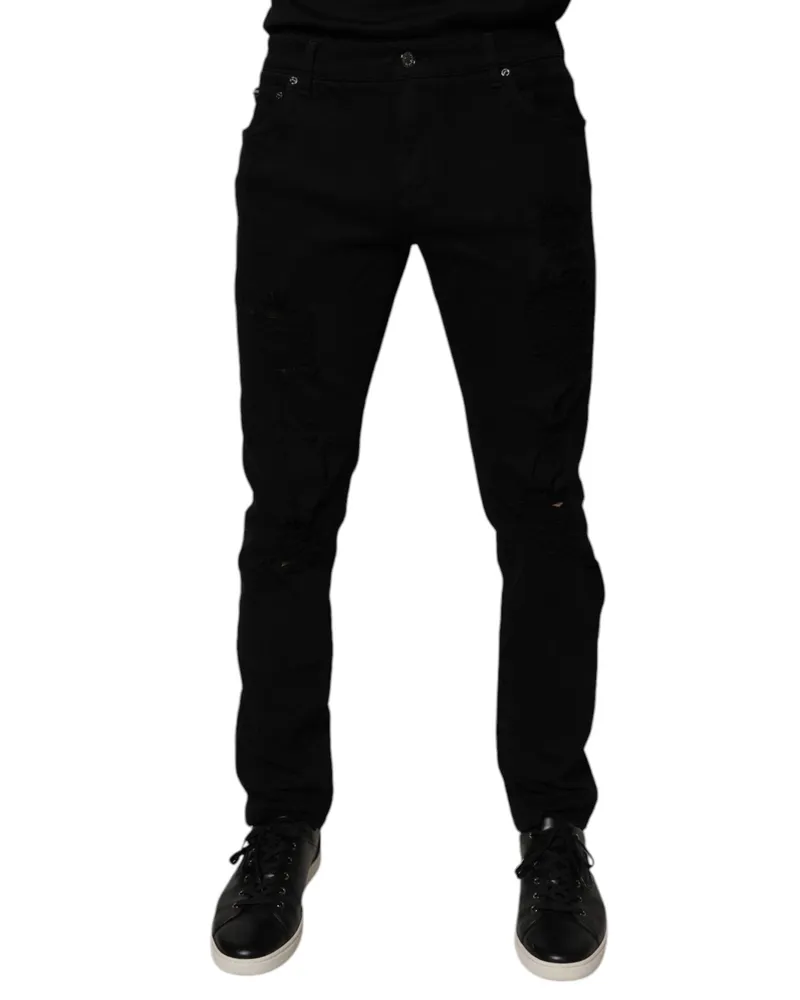 Dolce & Gabbana Black Tattered Cotton Skinny Men Denim Jeans Elastane Clothing Black