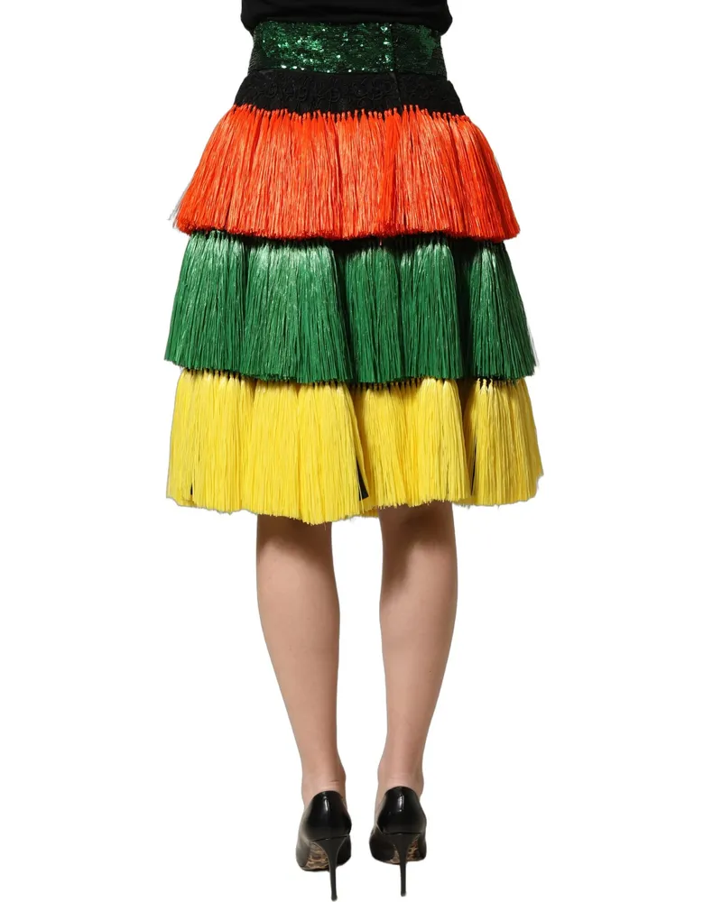 Dolce & Gabbana Women's Multicolor Fringe Sequin High Waist Knee Length Skirt Silk Multicolor