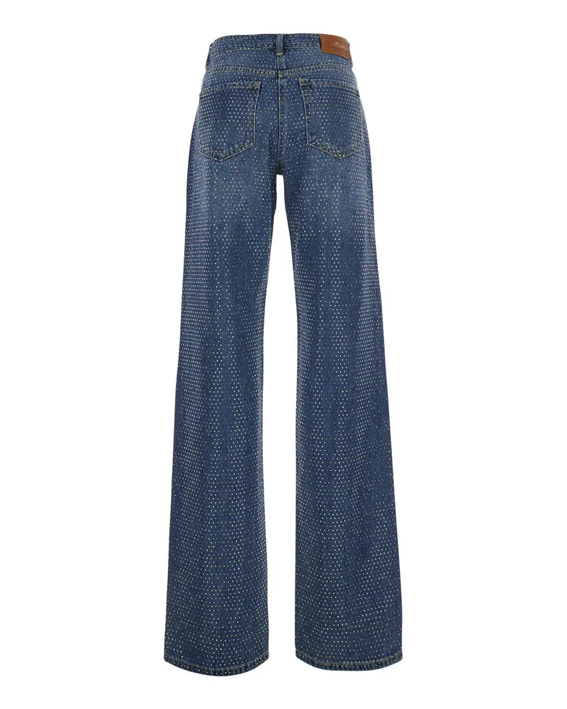 Elisabetta Franchi Women's Wide-Leg Crystal-Embellished Blue Jeans Cotton Blue