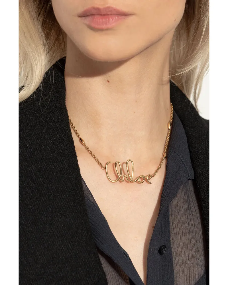 Chloé Logo-Lettering Gold-Tone Brass Necklace — Gold Gold
