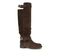 Buckle-Strap Knee-High Biker Boots — Brown