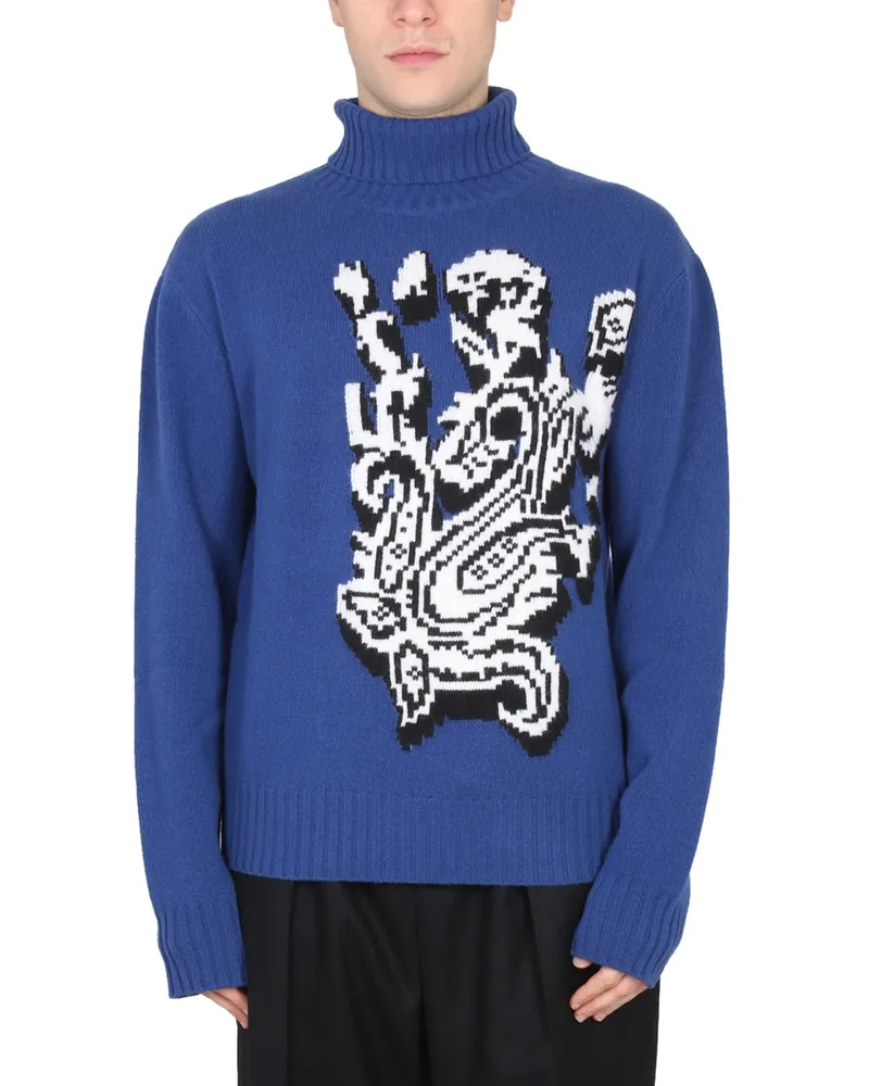 Etro Inlaid Jacquard Wool Sweater — Blue Blue