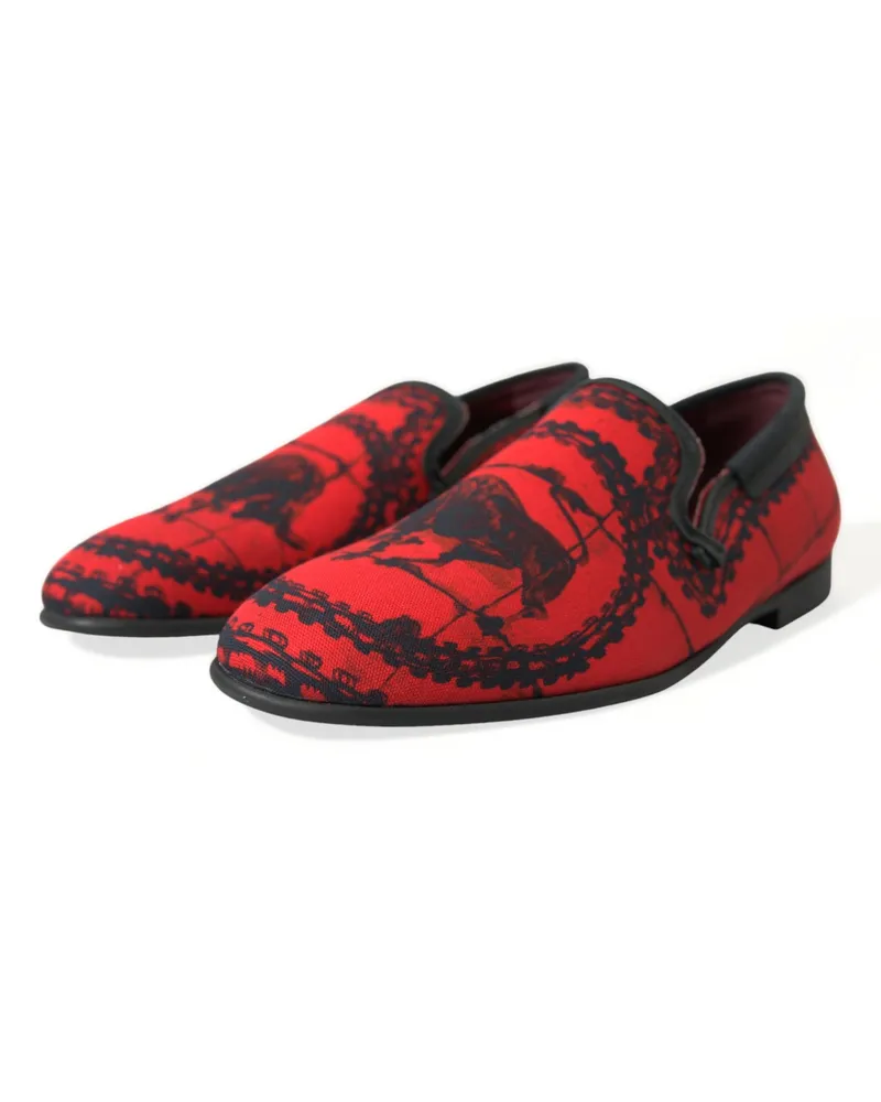 Dolce & Gabbana Red Black Torero Loafers Slippers Men Shoes And Cotton Calfskin Leather Red