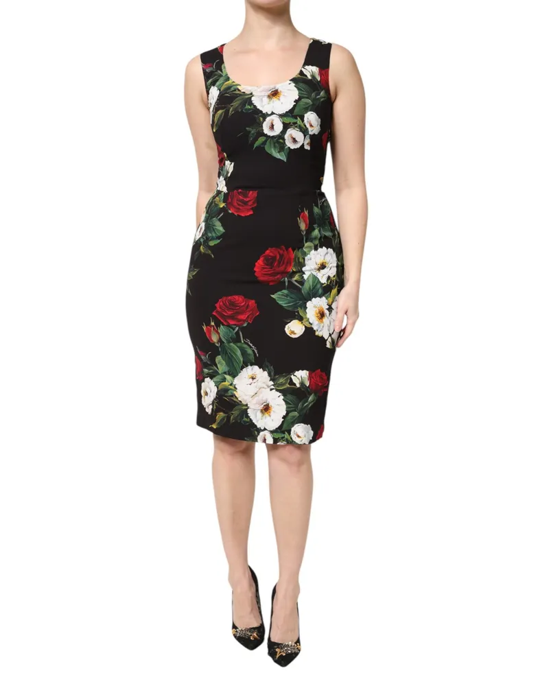 Dolce & Gabbana Women Black Floral Print Sleeveless Sheath Dress Viscose Elastane Black