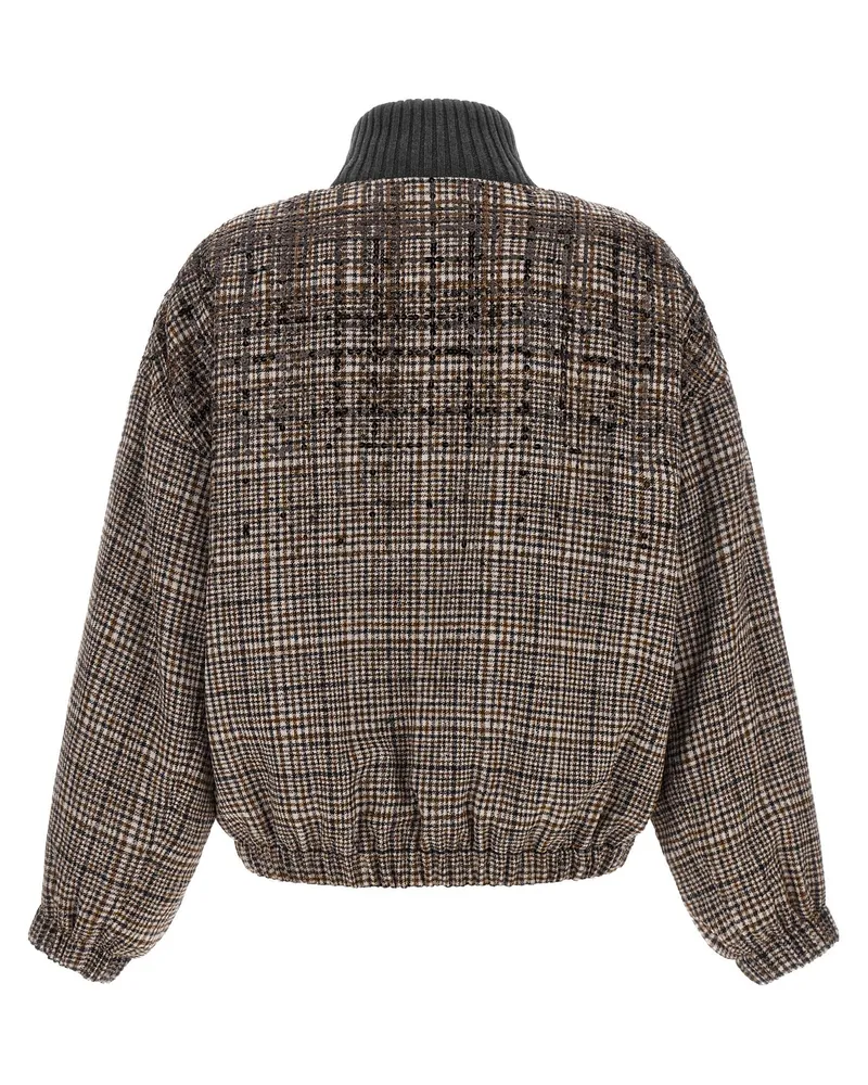 Brunello Cucinelli Sequin-Embellished Check Bomber Jacket — Brown Brown