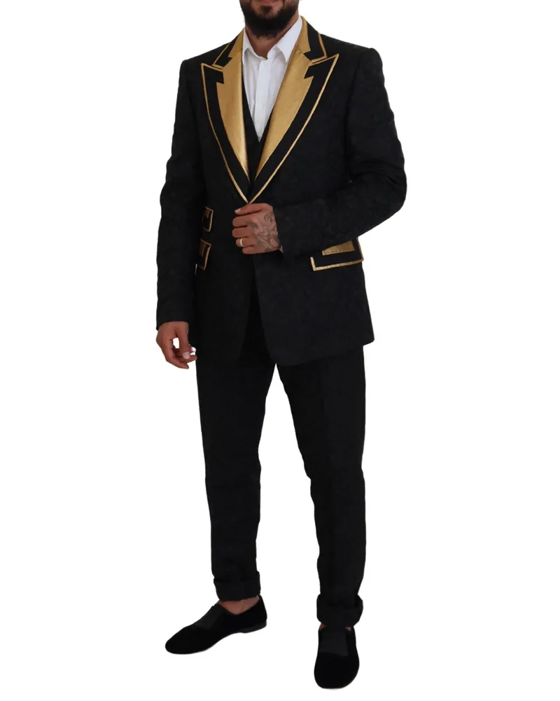 Dolce & Gabbana Men Black Gold Fantasy Tuxedo Slim Fit Suit Acetate Black
