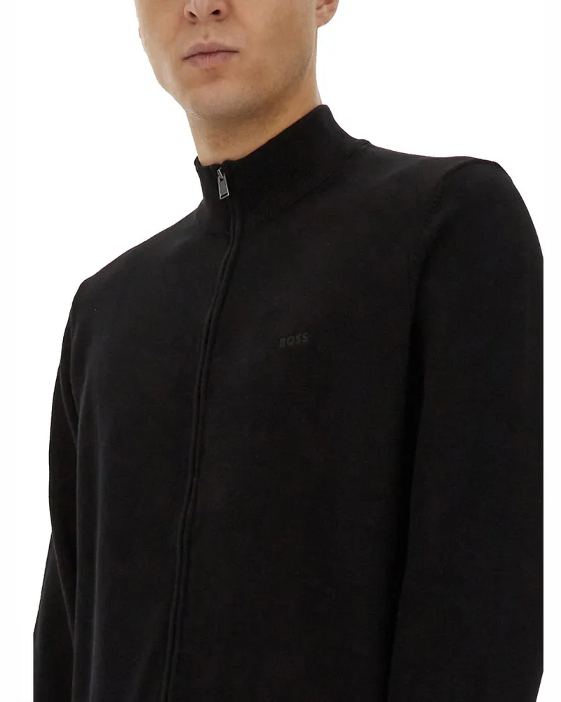 HUGO BOSS Zip-Front Cotton Sweater — Black Black