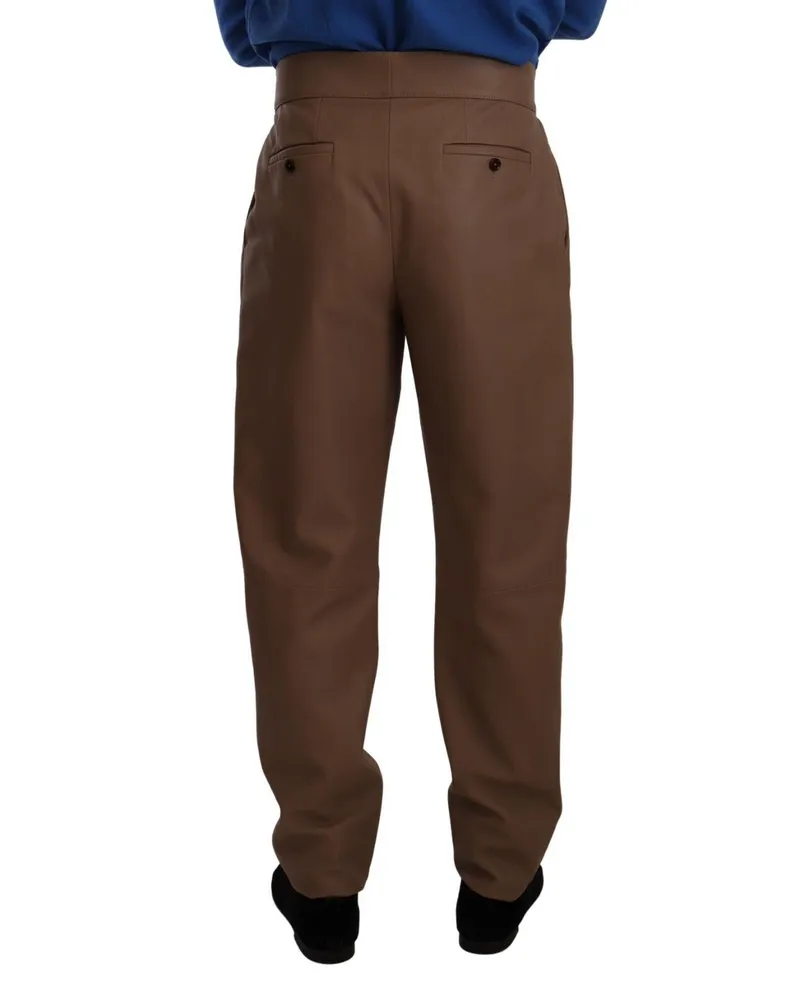 Dolce & Gabbana Men's Brown Leather Tapered High Waist Pants Brown