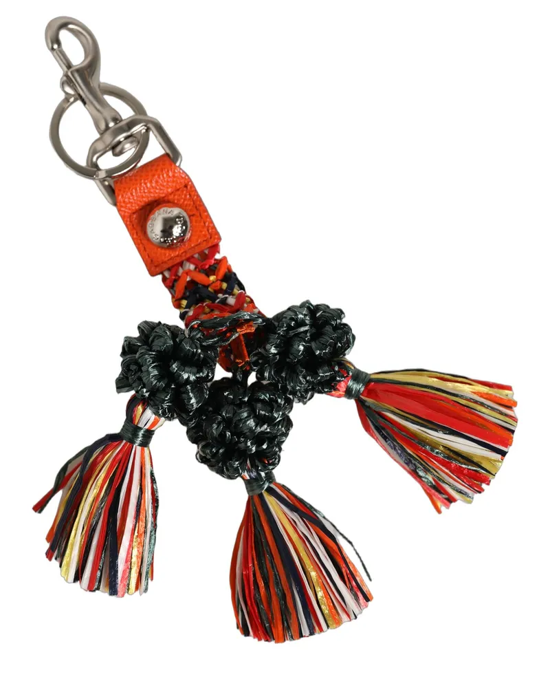Dolce & Gabbana Women's Raffia Leather Clasp Finder Chain Keyring Multicolor Accessory Orange