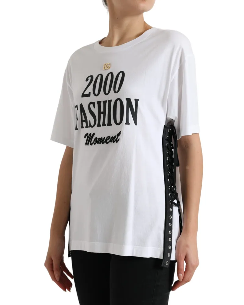 Dolce & Gabbana Women's White Slogan Print Lacing Detailed T-Shirt Cotton White