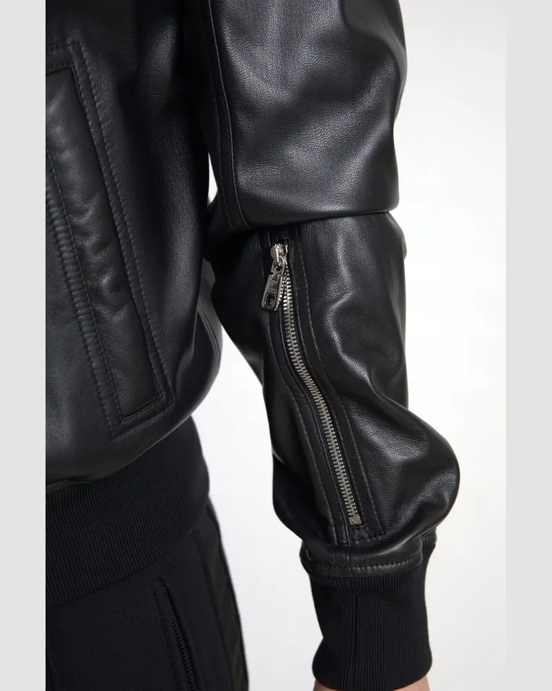 Dolce & Gabbana Black Leather Full Zip Bomber Men Jacket Lambskin Clothing Black
