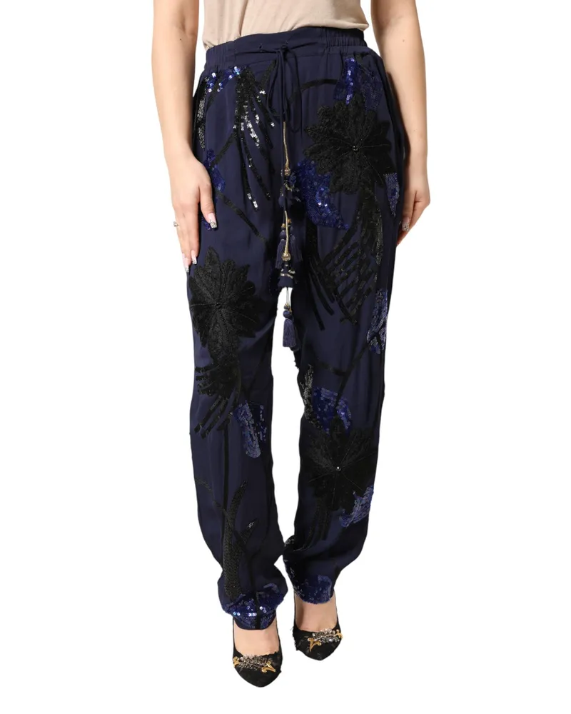Christian Pellizzari Women Blue Sequined Tapered Trouser Pants Viscose Navy