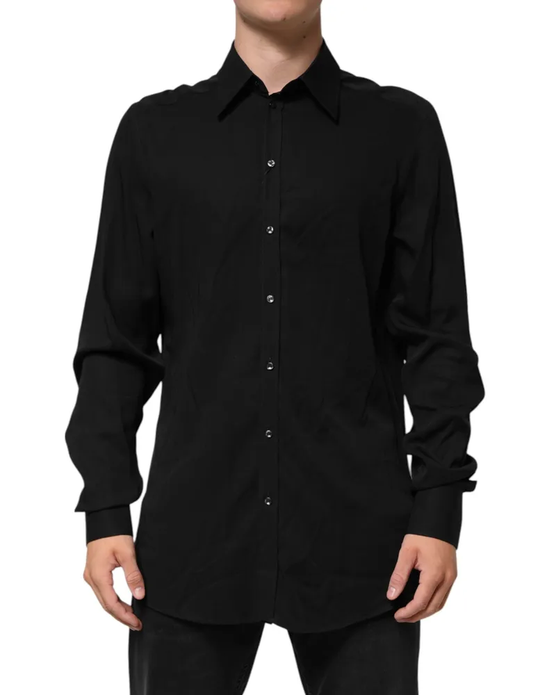 Dolce & Gabbana Men's Black Viscose Long Sleeve Formal Dress Shirt Black