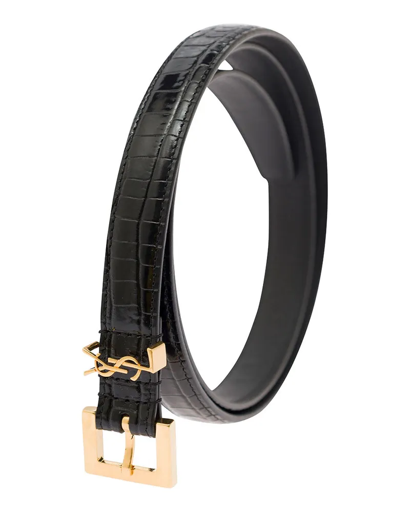 Saint Laurent Women's Leather Belt Cassandre Crocodile-Embossed Black Black