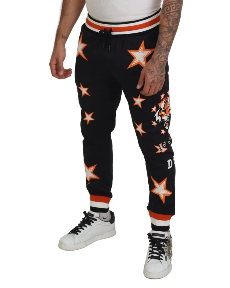 Dolce & Gabbana Men Black Orange Star Trousers Sport Pants Cotton Black