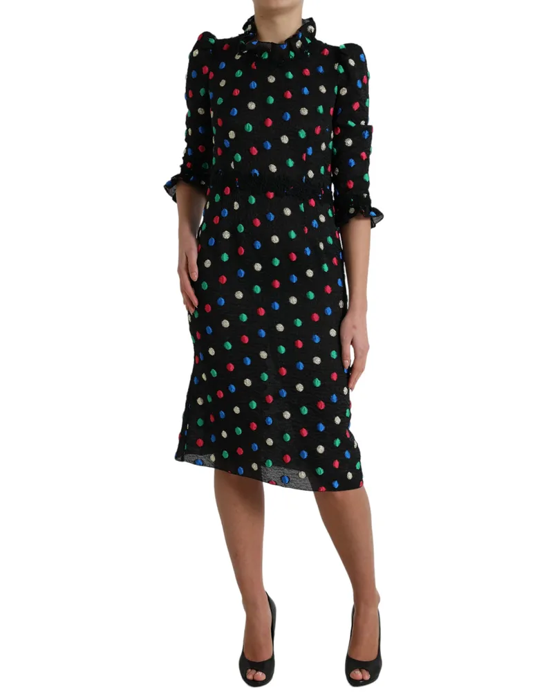Dolce & Gabbana Women Black Polka Dot Ruffle Cotton Midi Dress Nylon Black
