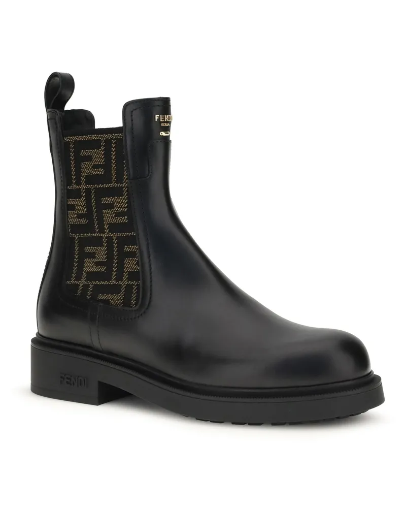 Fendi Women's Ff Leather And Fabric Ankle Boots Nero+black Avana Calf Bos Taurus Black