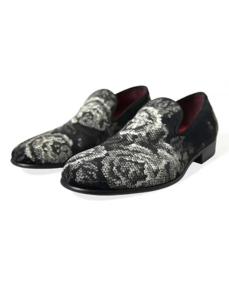 Dolce & Gabbana Black Floral Slippers Men Loafers Dress Shoes Velvet Black