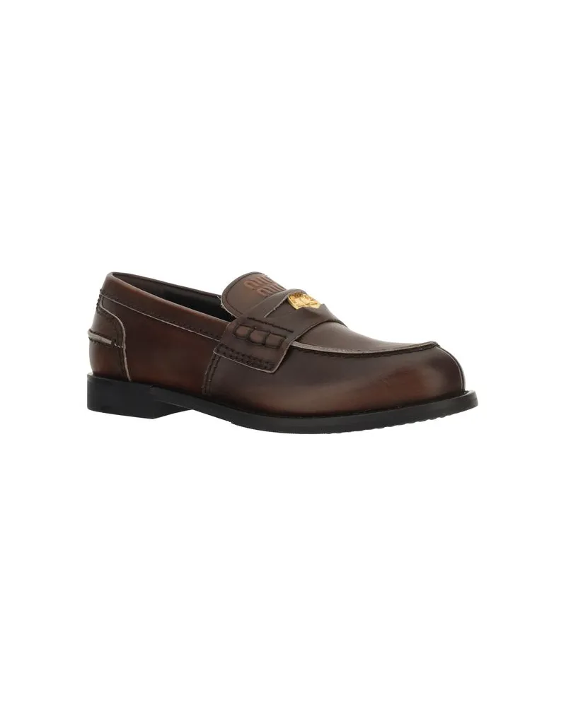Miu Miu Women's Brown Calf Leather Bos Taurus Slip-On Loafers Brown