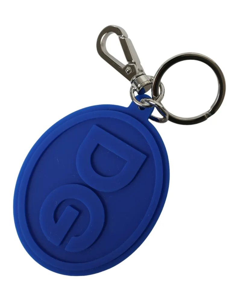 Dolce & Gabbana Women's Blue Rubber Dg Logo Silver Brass Metal Keyring Keychain Accessory Blue