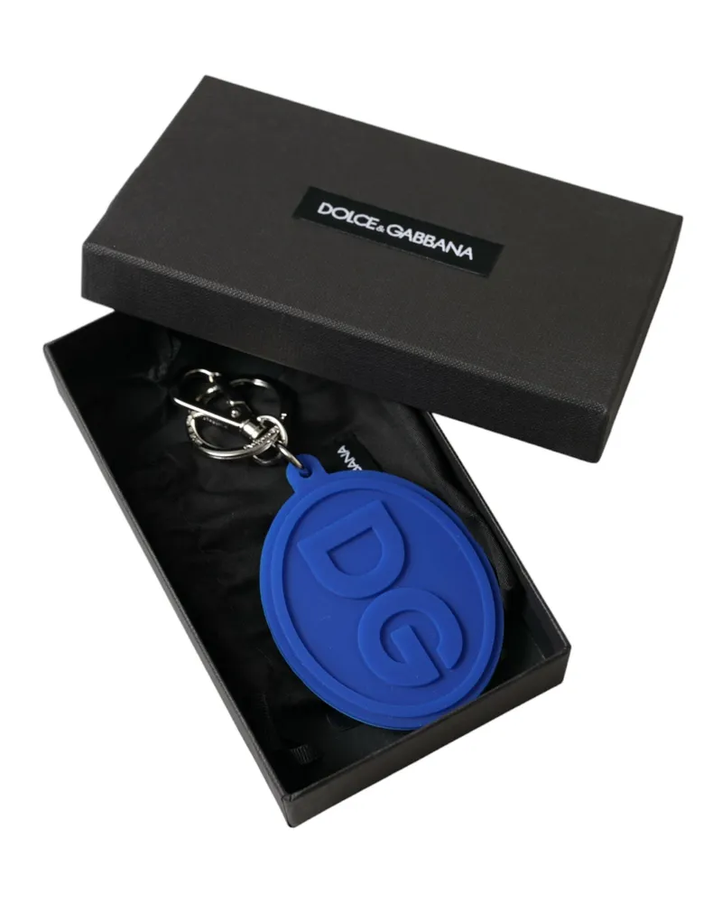 Dolce & Gabbana Women's Blue Rubber Dg Logo Silver Brass Metal Keyring Keychain Accessory Blue