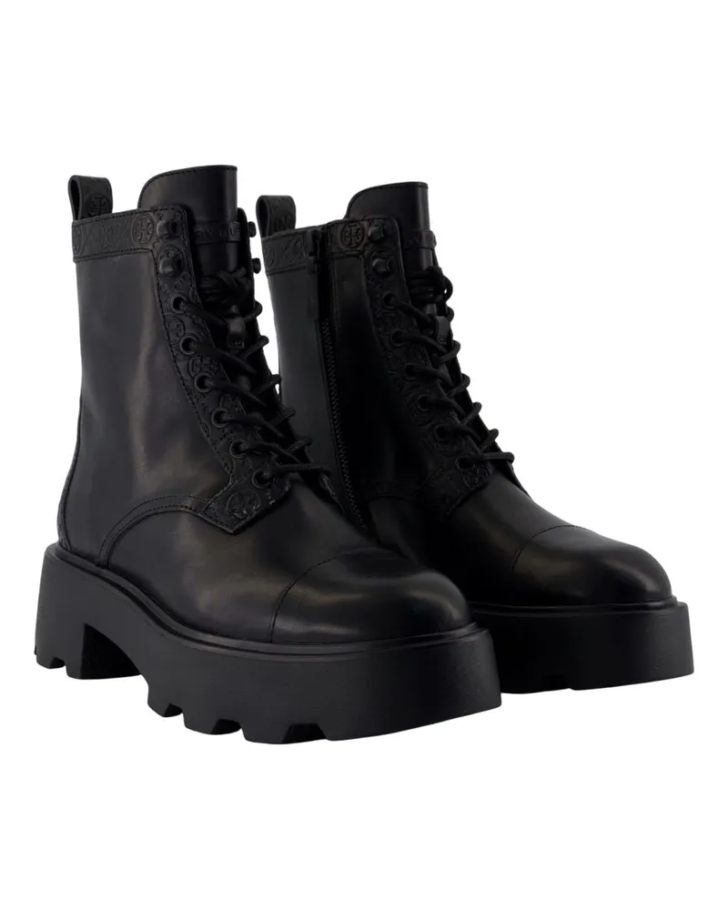 Tory Burch Women's T-Monogram Lug Ankle Boots -  Leather Black Calfskin Shoes Ankle-Boots Black
