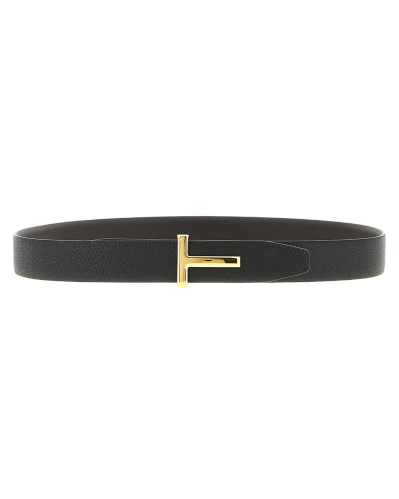 Tom Ford Reversible Hammered Leather with Gold Buckle Belt — Black Black