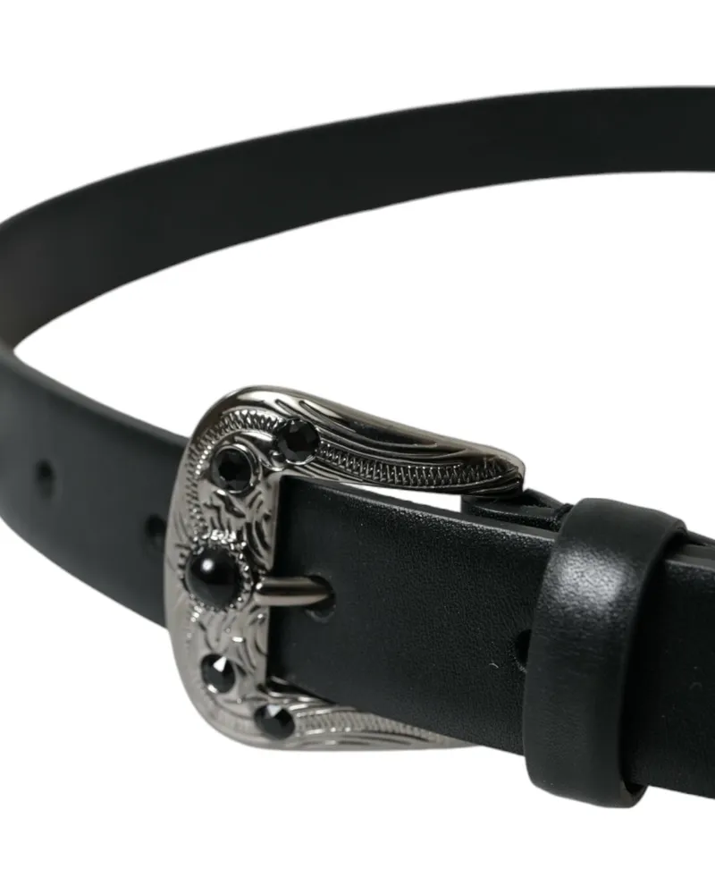 Dolce & Gabbana Women's Black Embellished Leather Engraved Buckle Belt Calf Black