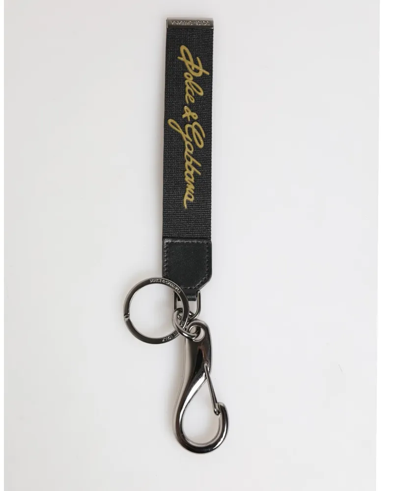 Dolce & Gabbana Men's Black Yellow Polyester Dg Logo Silver Keychain Keyring Real Brass Calfskin Accessory Black