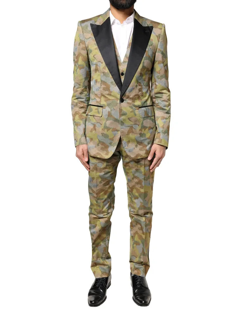Dolce & Gabbana Men's Multicolor Camouflage Sicilia 3 Piece Suit Polyester Silk Multicolor