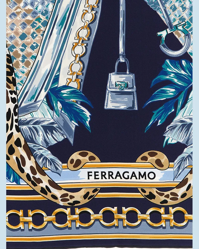 Ferragamo Silk Leopard Motif Scarf — Blue Blue