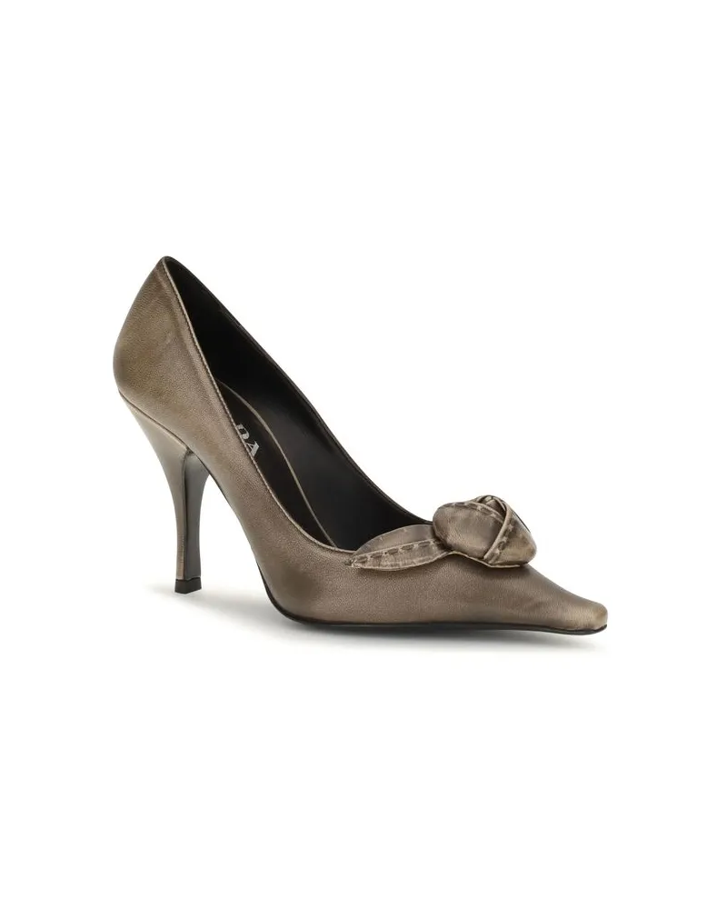 Prada Rose-Appliqué Calf Leather Pumps — Brown Brown