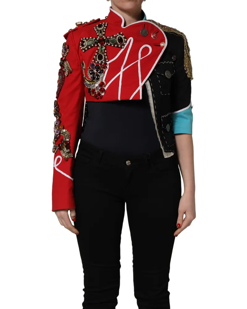 Dolce & Gabbana Women Multicolor Asymmetrical Ornate Jewel Cropped Jacket Cotton Viscose Elastane Clothing Multicolor