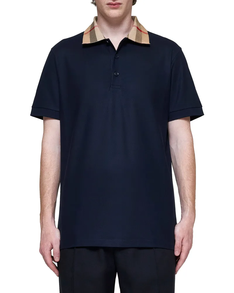 Burberry Men Cotton Polo Shirt With Check Collar Blue T-shirts And Polos Navy