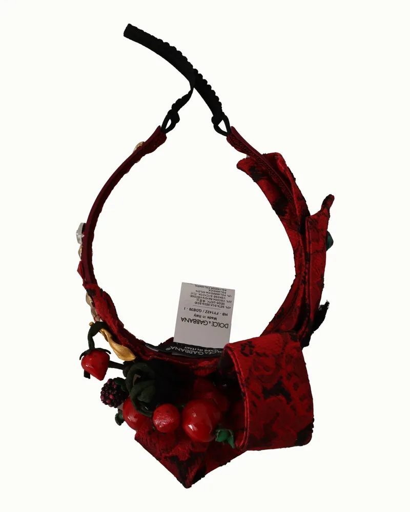 Dolce & Gabbana Women's Cherry Silk Crystal Bow Logo Diadem Tiara Headband Red Accessory Red