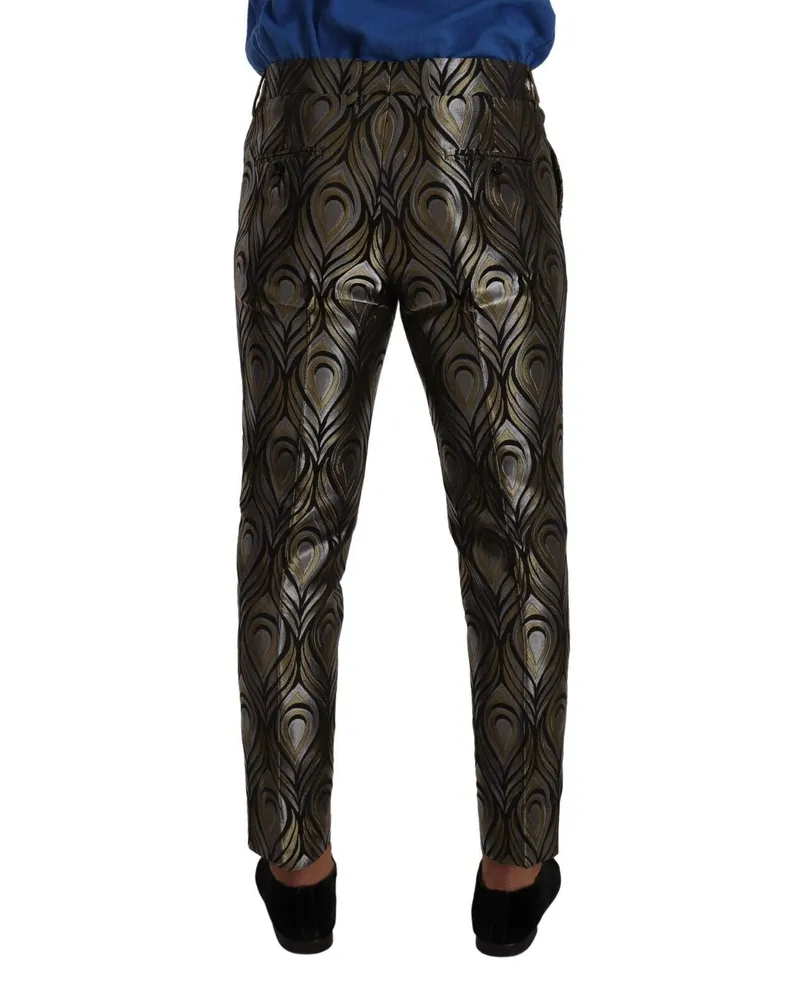 Dolce & Gabbana Silver Gold Jacquard Men Trouser Dress Pants Black Black