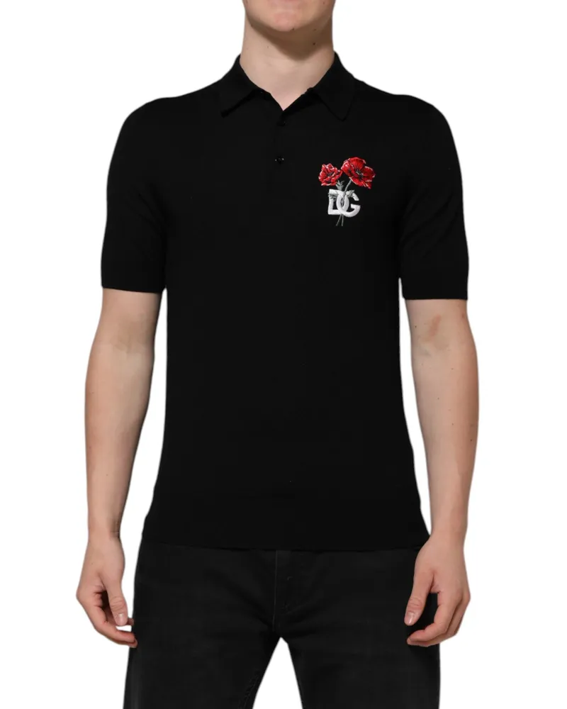 Dolce & Gabbana Logo-Embroidered Virgin Wool Polo — Black Black
