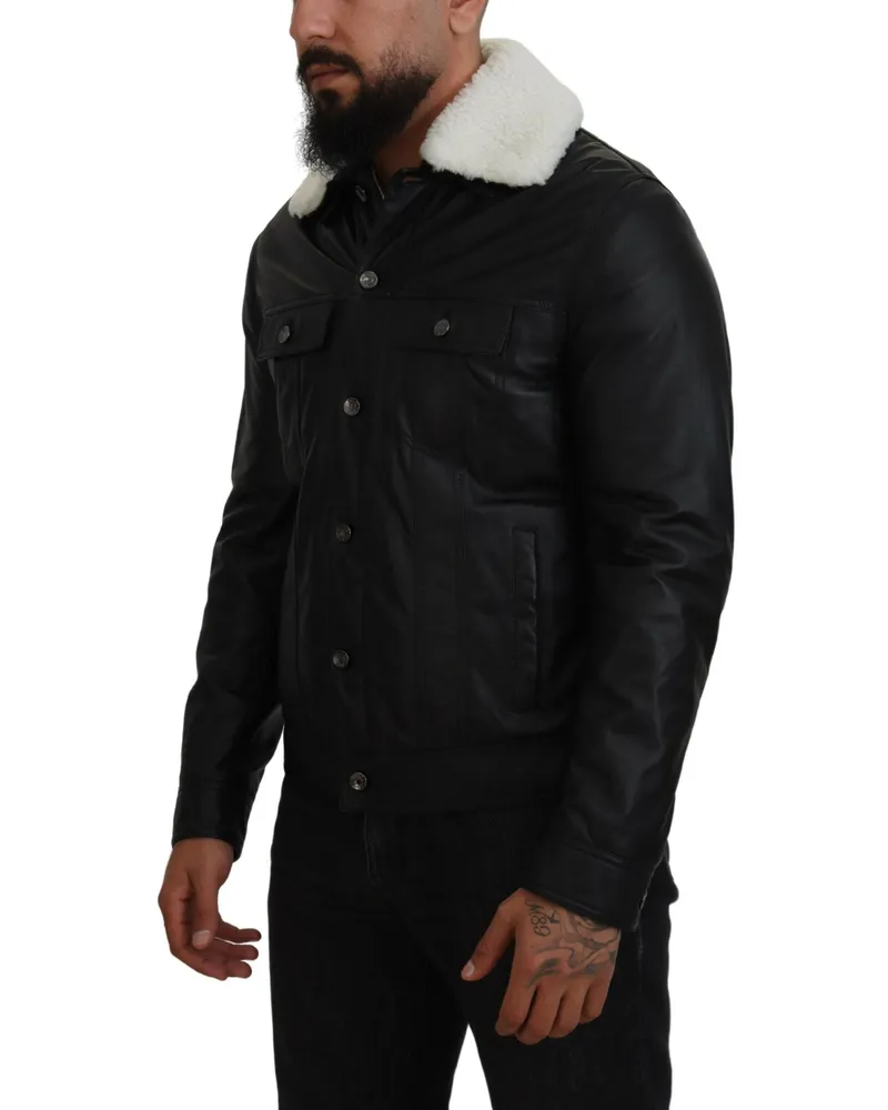 Dolce & Gabbana Black Lamb Leather Collared Men Coat Jacket Clothing Black