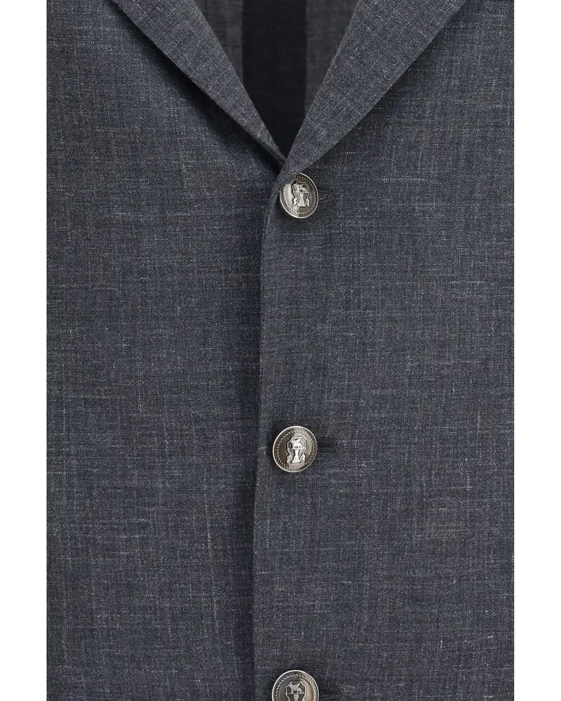 Brunello Cucinelli Men's Jacket Deconstructed Flame-Textured Wool Dark Grey Merino Gray