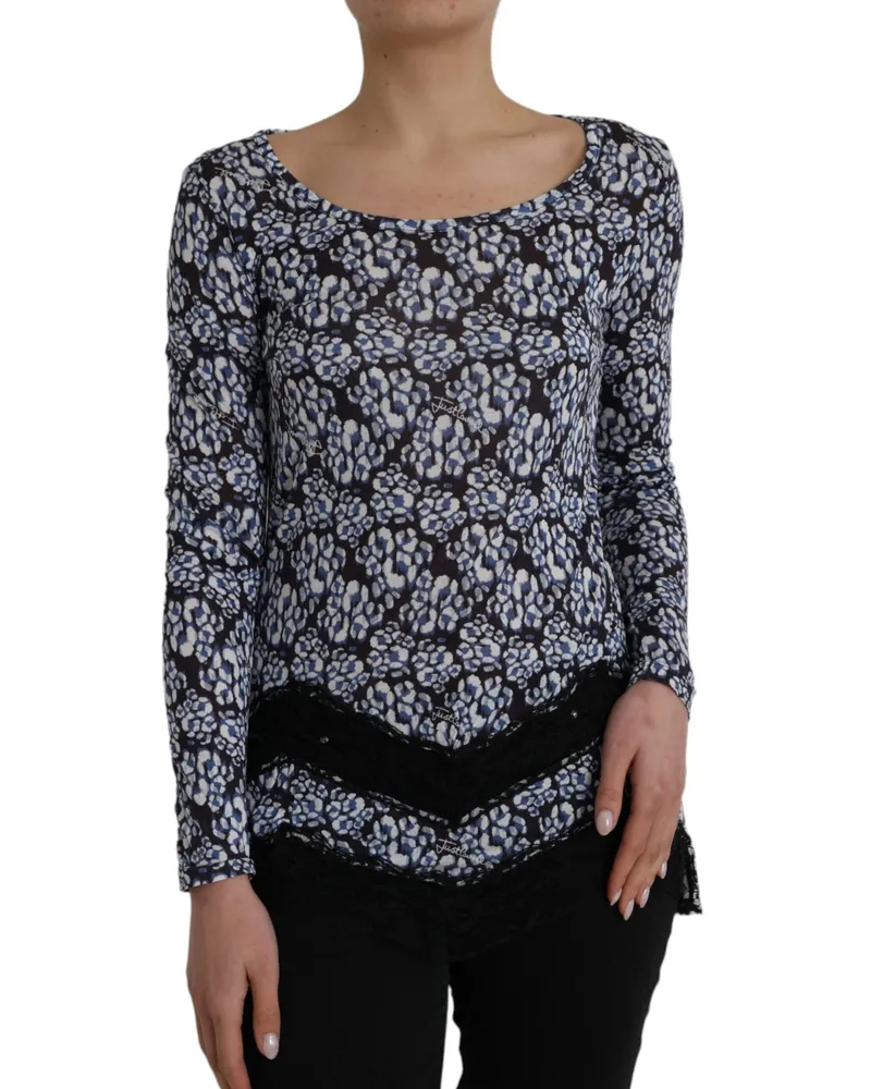 Just Cavalli Women's Blue Floral Lace Long Sleeves Top Underwear Blouse Modal Blue