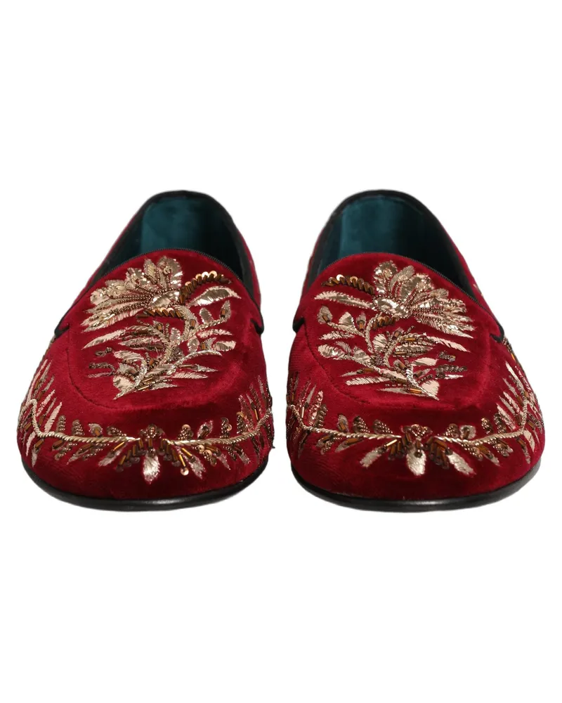 Dolce & Gabbana Men's Red Velvet Floral Embroidery Loafers Shoes Leather Red