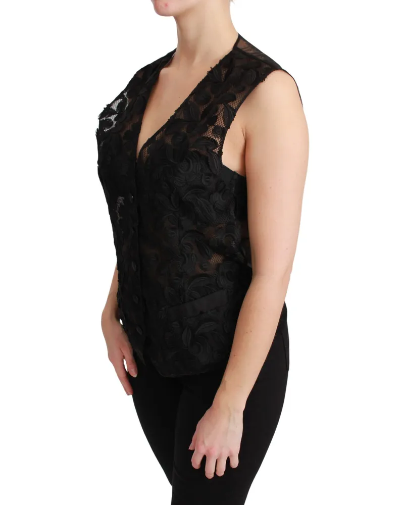 Dolce & Gabbana Women's Black Floral Brocade Top Gilet Waistcoat Black