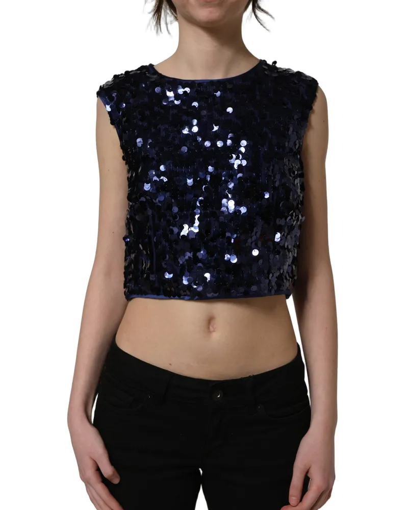 Dolce & Gabbana Women's Blue Sequined Sleeveless Cropped Tank Top Nylon Blue