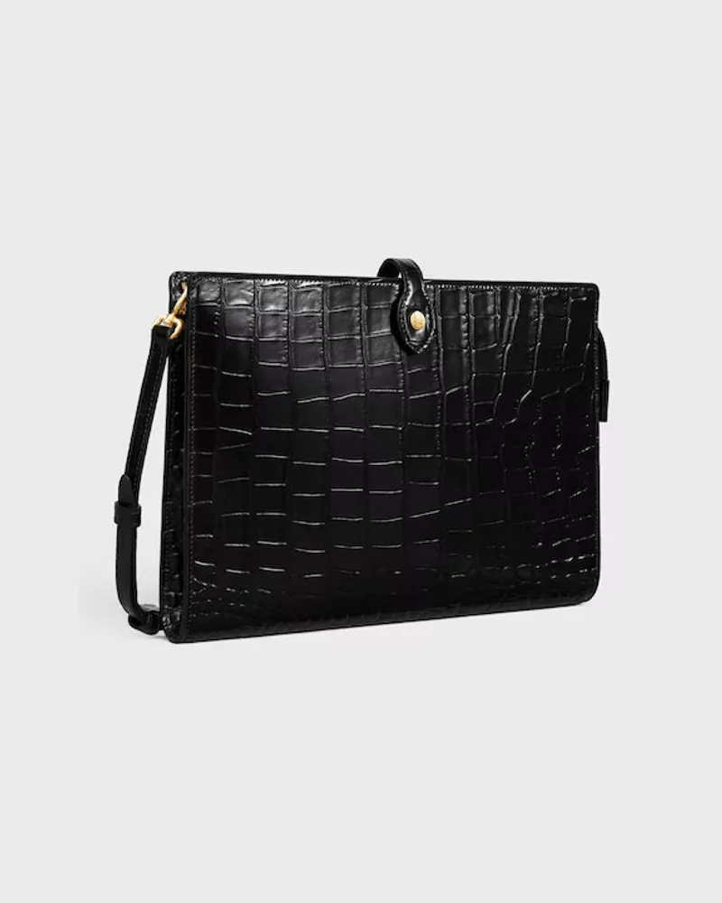 Celine Crocodile-Embossed Leather Shoulder Bag — Black Black