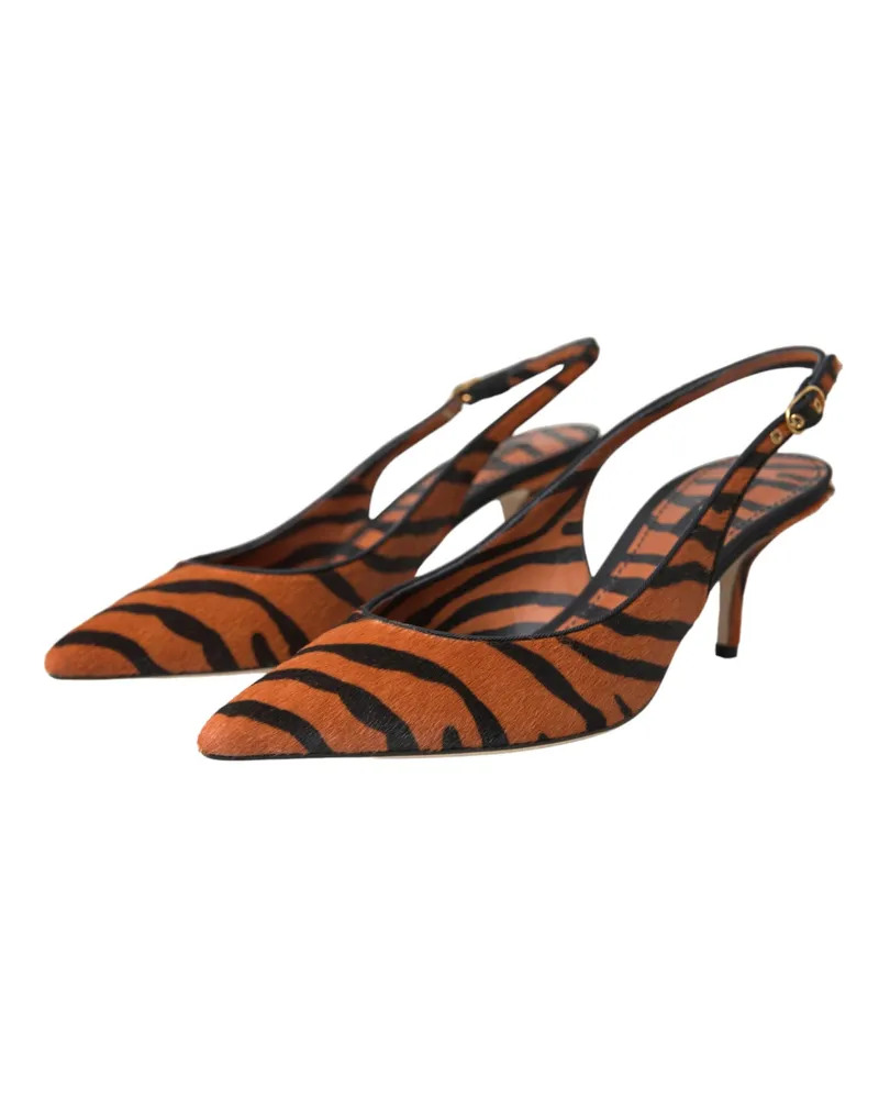 Dolce & Gabbana Women's Black Orange Zebra Leather Slingbacks Shoes Pony Hair Orange